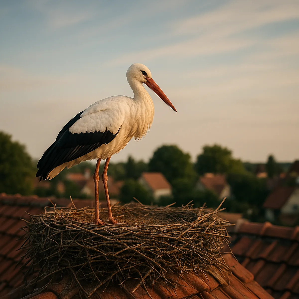 Storch auf seinem Nest auf einem Hausdach