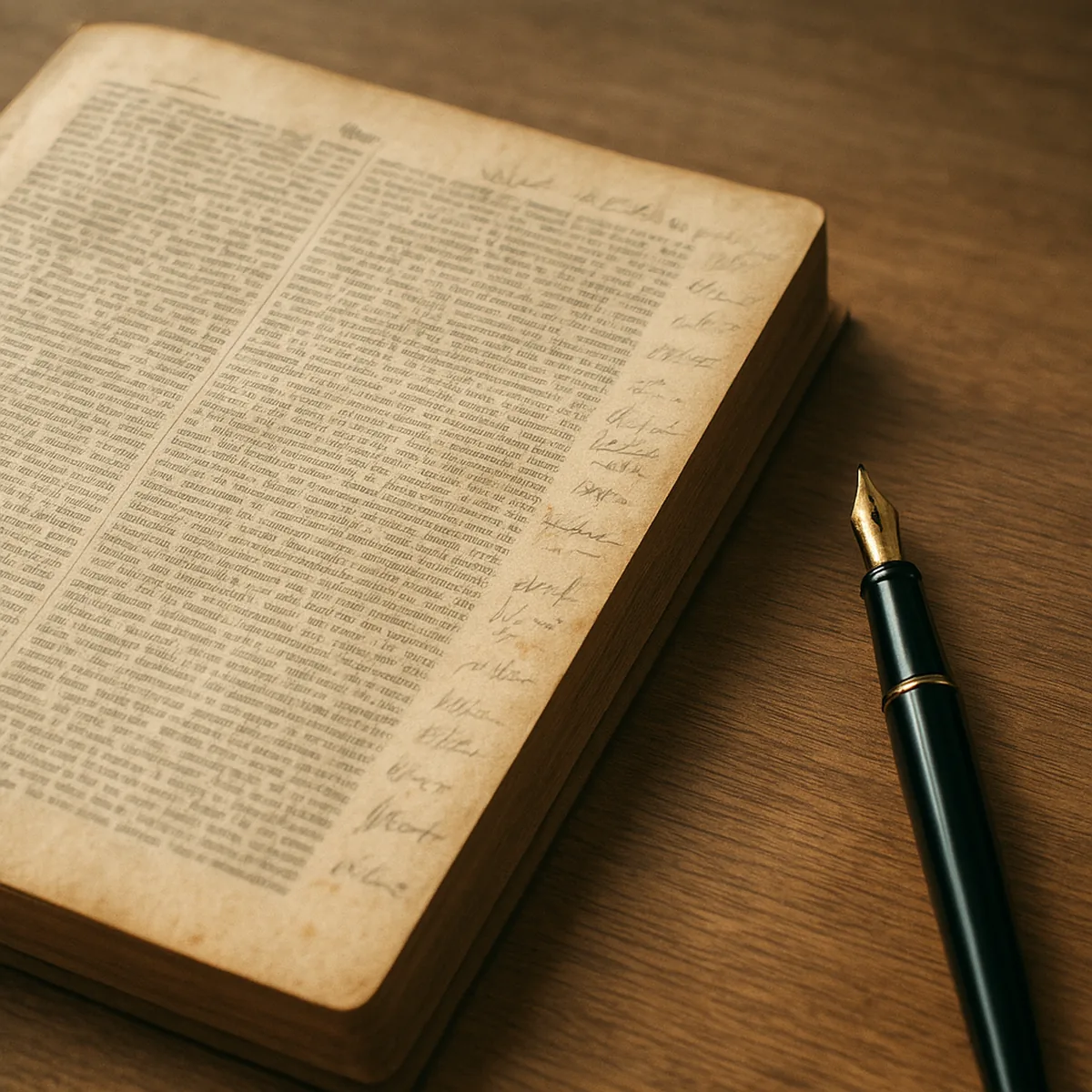 Aufgeschlagene alte Wörterbuchseite mit handschriftlichen Randnotizen